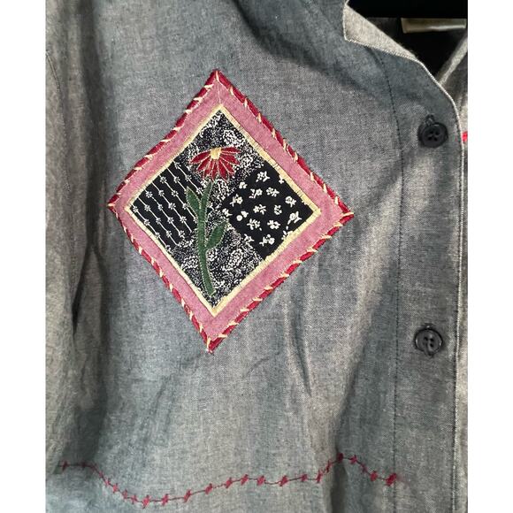 Bobbie Brooks Blouse Shirt Womens Large Short Sleeve Embroidery Gray Floral Vtg - Picture 4 of 8